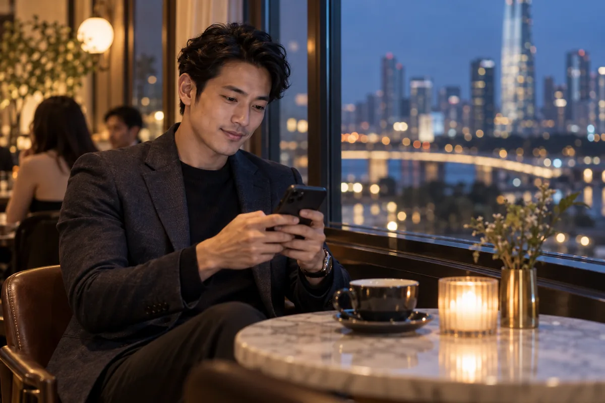 ผู้ชายวัยผู้ใหญ่กำลังเขียนข้อความหลังเดตแรกในคาเฟ่ช่วงค่ำ