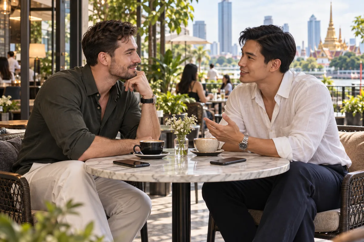 ผู้ชายวัยผู้ใหญ่สองคนพูดคุยกันในคาเฟ่สาธารณะก่อนเริ่มเดต