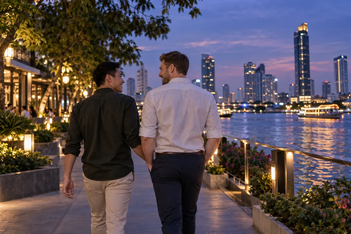 Deux hommes adultes marchent au bord du fleuve à Bangkok tandis que leur lien se développe