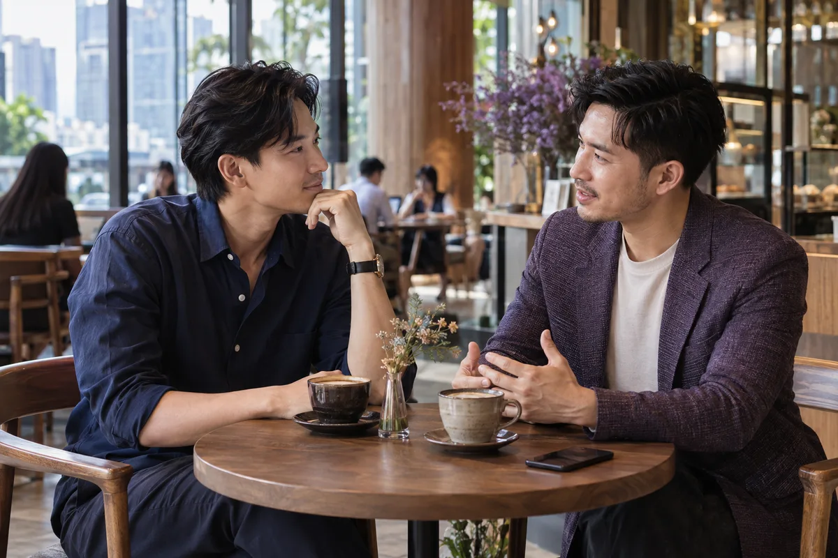 Deux hommes asiatiques adultes s’écoutent pendant un premier rendez-vous au café