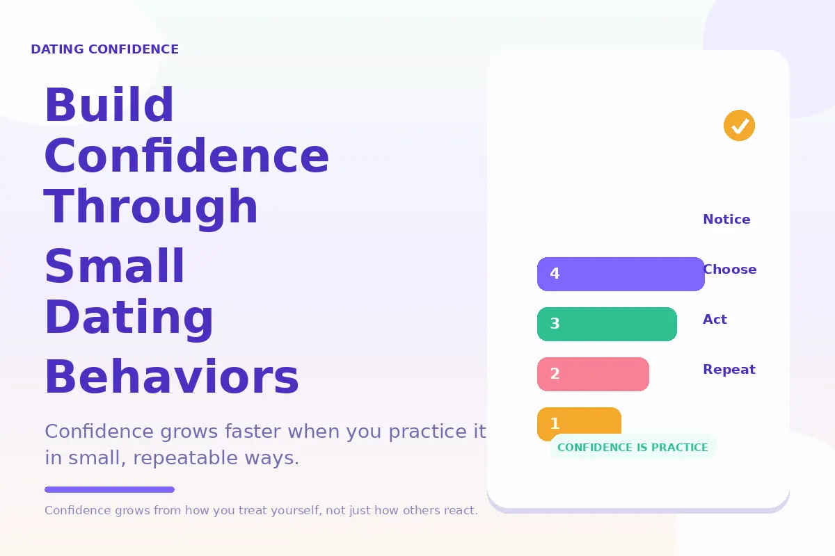 Colorful step-style graphic about building confidence through small dating behaviors.