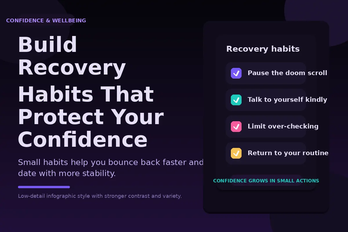 Dark purple checklist graphic about recovery habits that protect confidence.