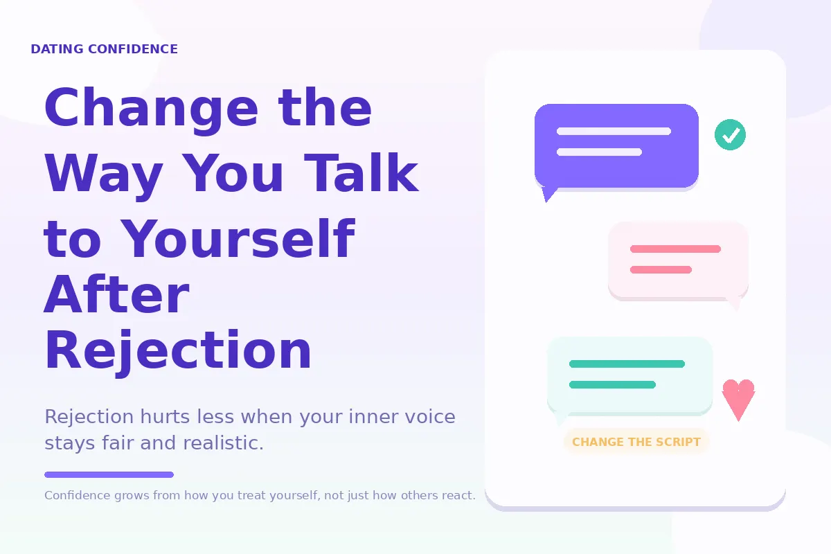 Colorful chat-style graphic about changing self-talk after dating rejection.