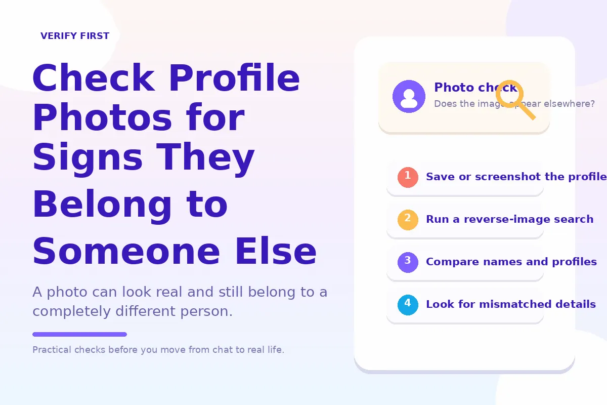 Colorful reverse-image-search diagram for checking dating profile photos.