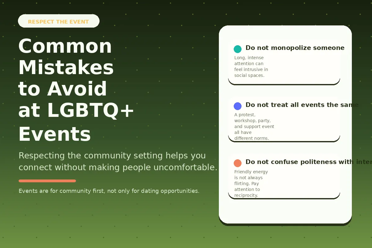 Graphic about common mistakes to avoid at LGBTQ events.