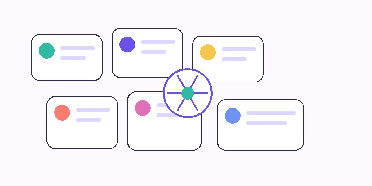 Abstract vector illustration of a full adult life as connected modules around a flexible relationship space.