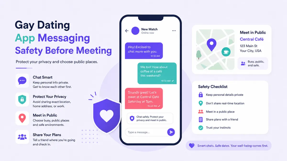 Gay dating first date safety illustrated with chat, location and privacy icons