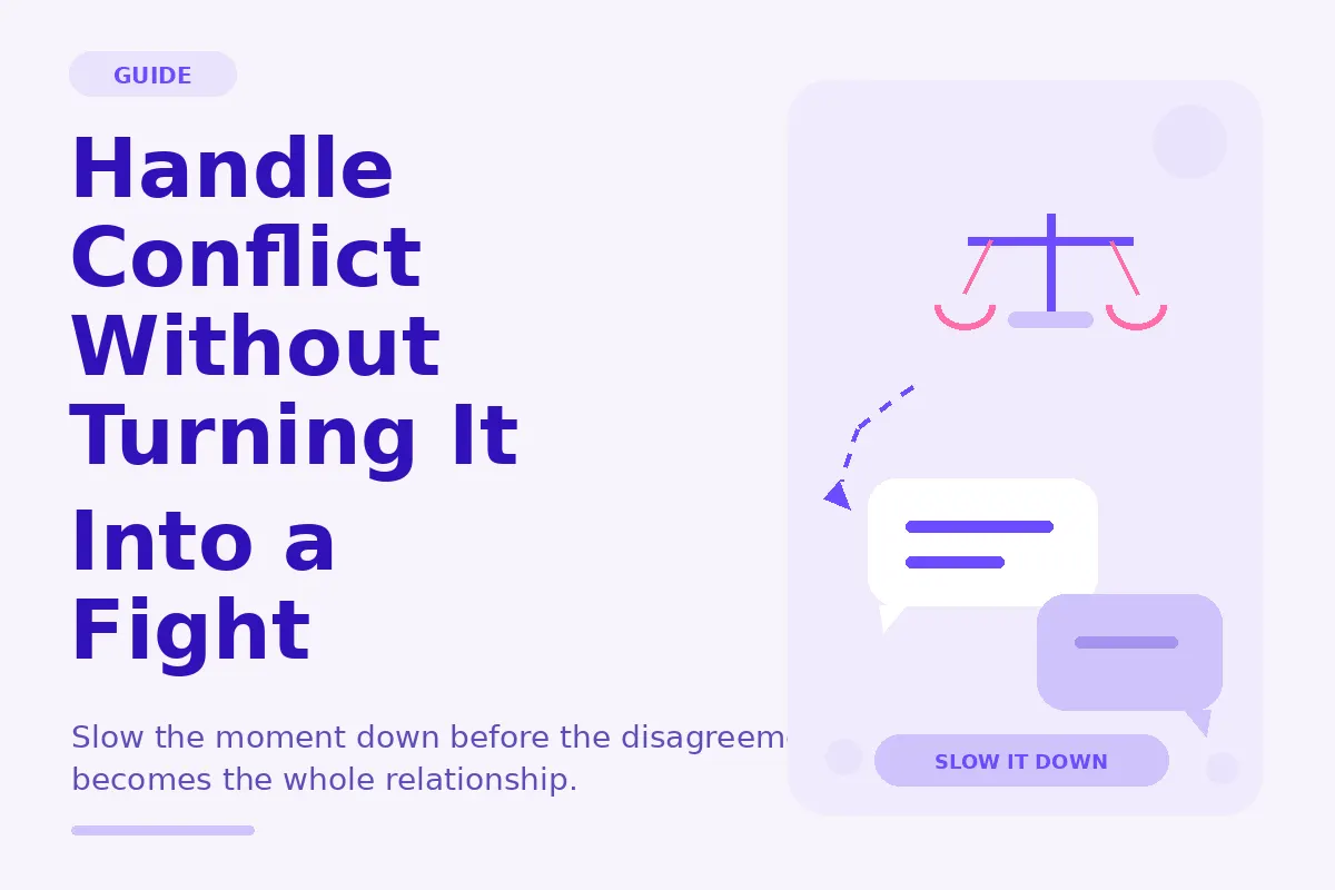 Simple purple graphic about handling conflict without turning it into a fight.