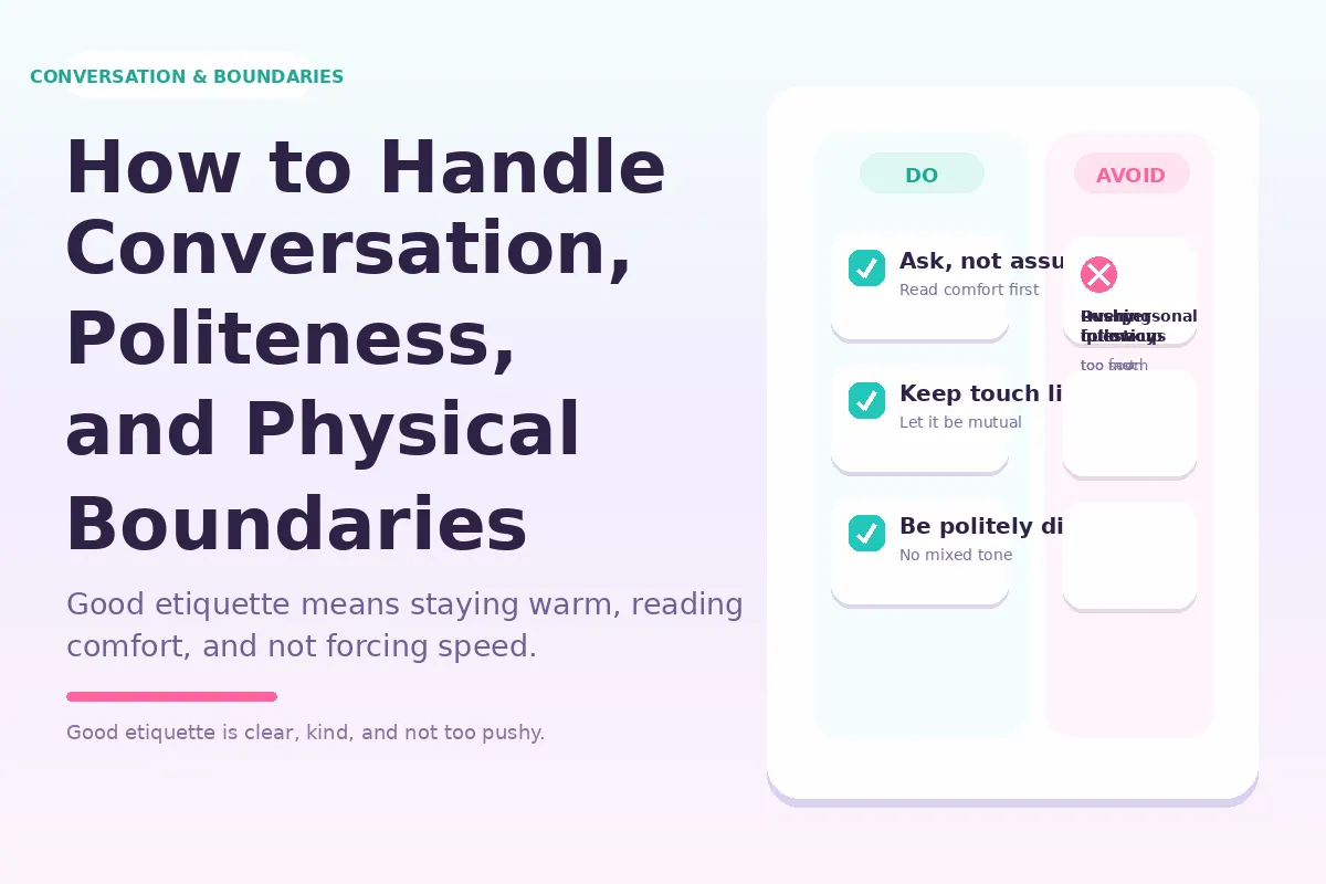 Graphic about conversation, politeness, and physical boundaries on a Thai gay first date.