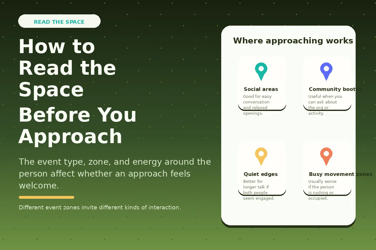 Graphic about reading the space before approaching someone at an LGBTQ event.