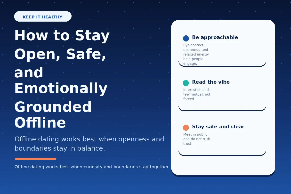 Graphic about staying open, safe, and grounded while dating offline.