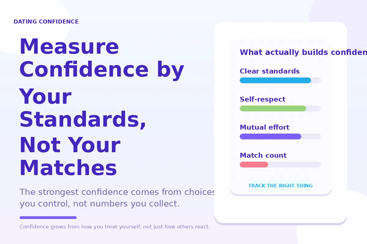 Colorful dashboard graphic about measuring dating confidence by your standards instead of match count.