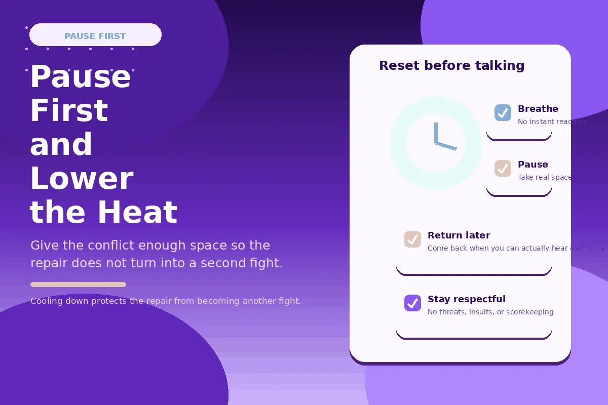 Purple infographic about pausing and lowering the heat after a fight.