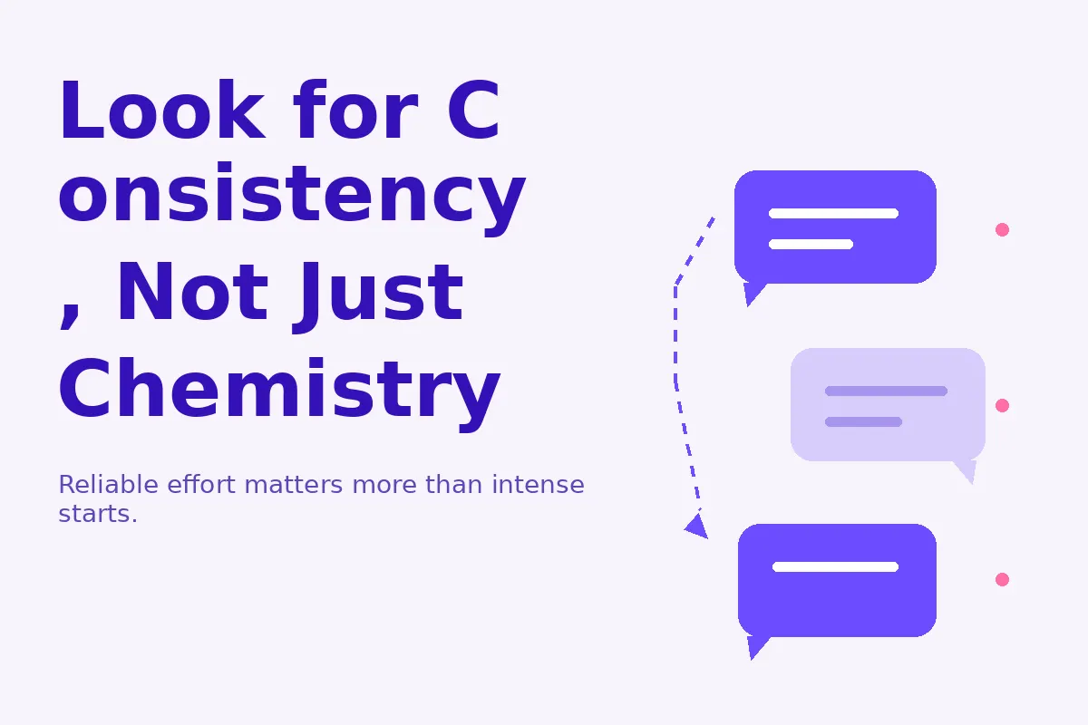 Simple purple graphic about consistency and chemistry in serious dating.