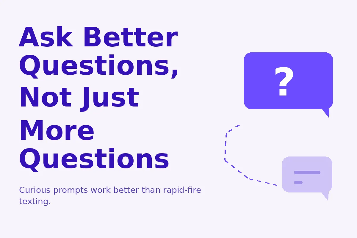 Simple purple graphic about asking better questions on dating apps.