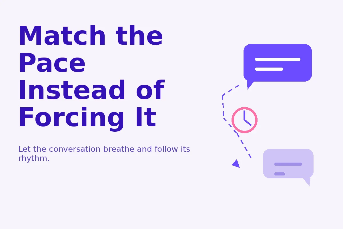 Simple purple graphic about matching the pace of a dating app conversation.
