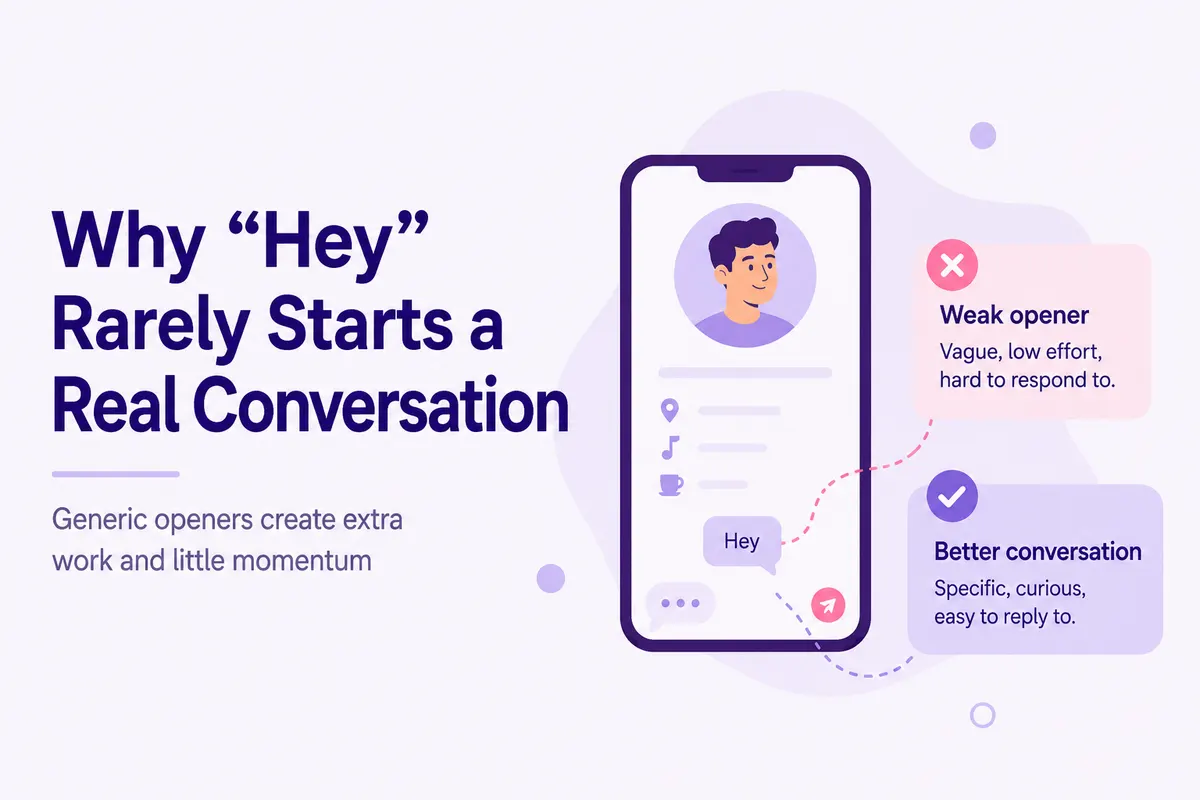 Purple infographic explaining why hey rarely starts a real conversation.