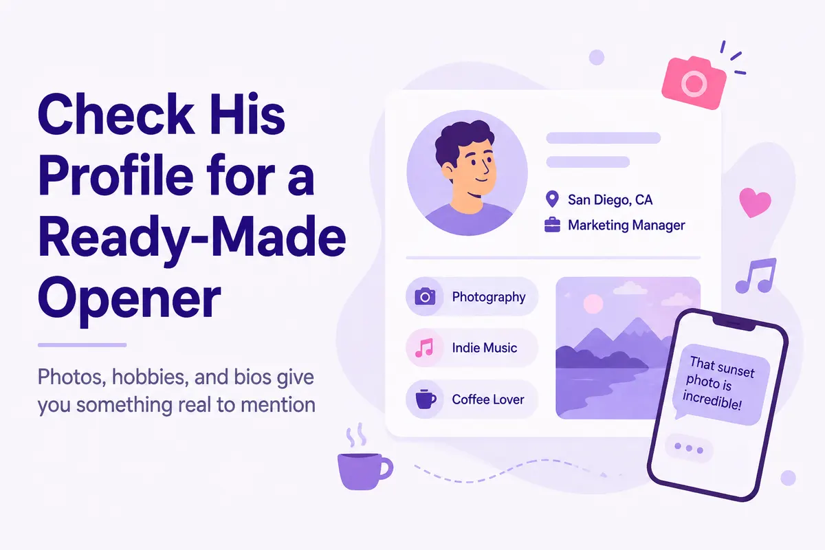 Purple infographic about checking a dating profile for conversation starters.