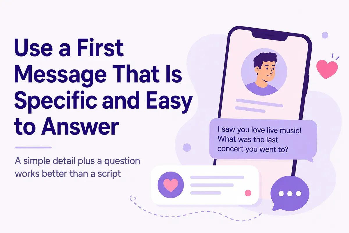 Purple infographic showing how to write a first message that is specific and easy to answer.