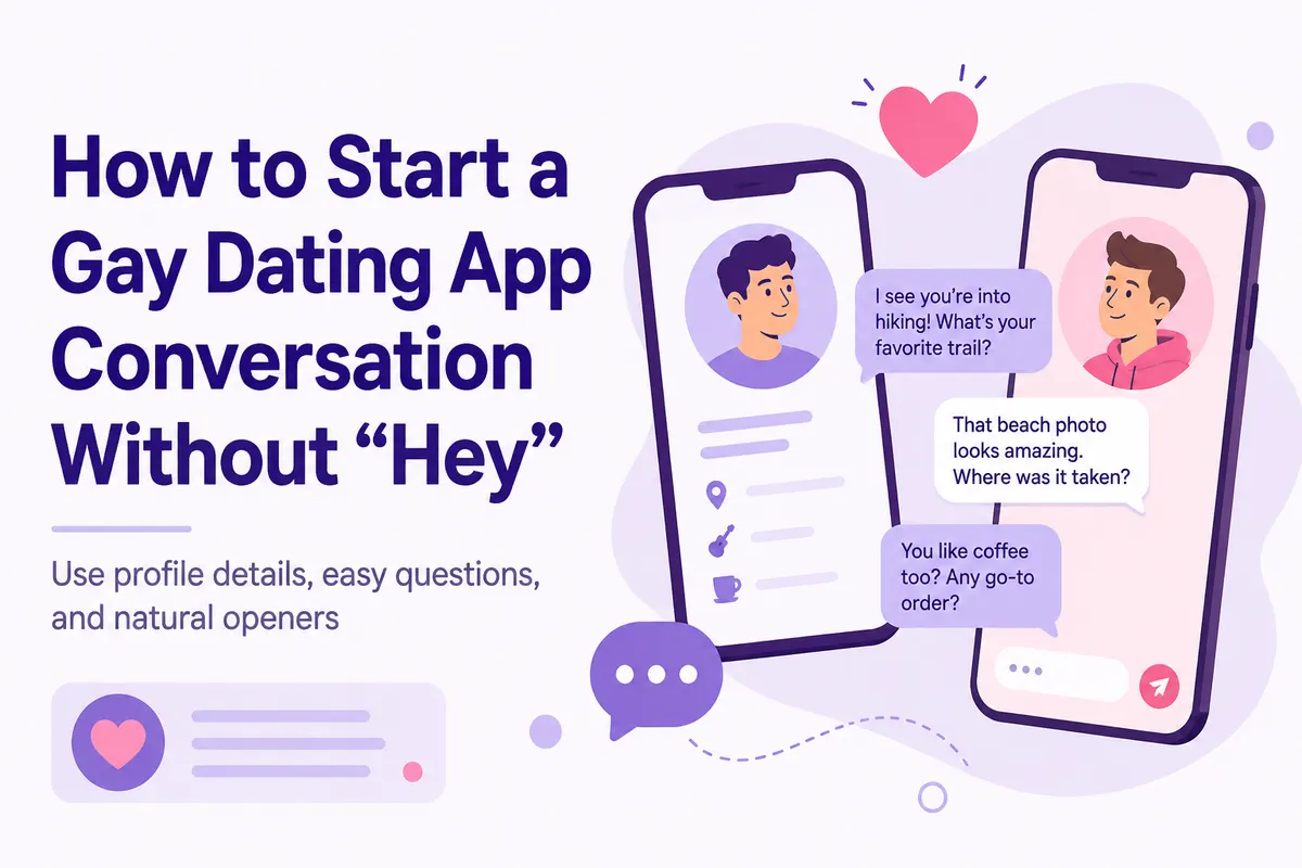 Simple purple infographic showing how to start a gay dating app conversation without hey.