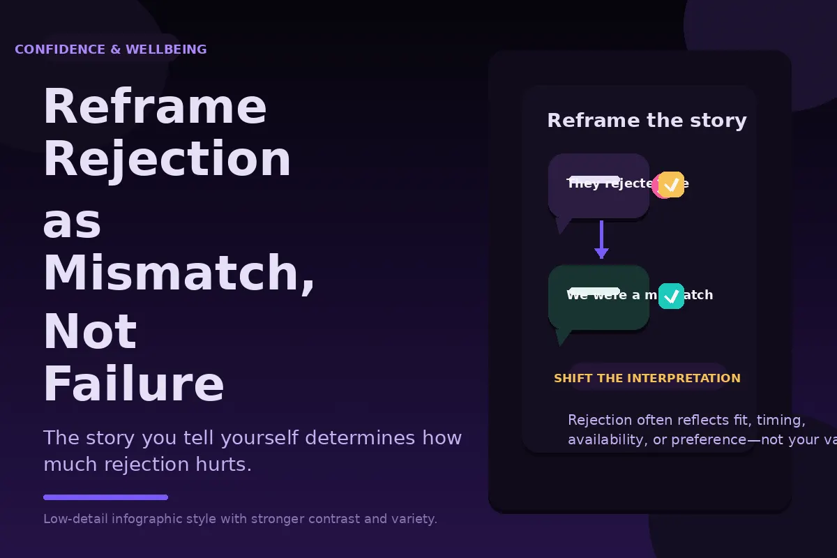 Dark purple graphic about reframing rejection as mismatch, not failure.
