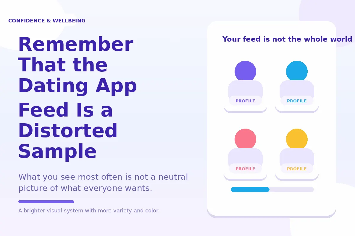 Colorful dating-app style graphic showing that the feed is a distorted sample.