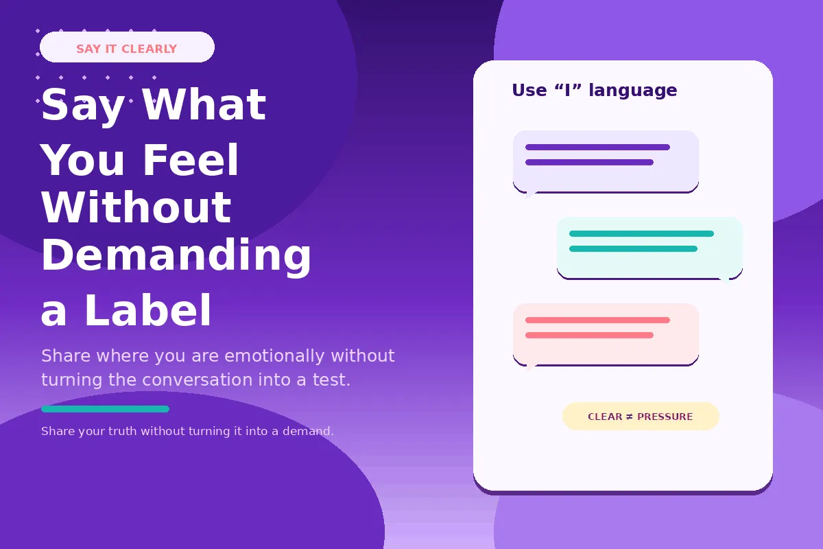 Purple infographic about expressing relationship feelings without demanding a label.