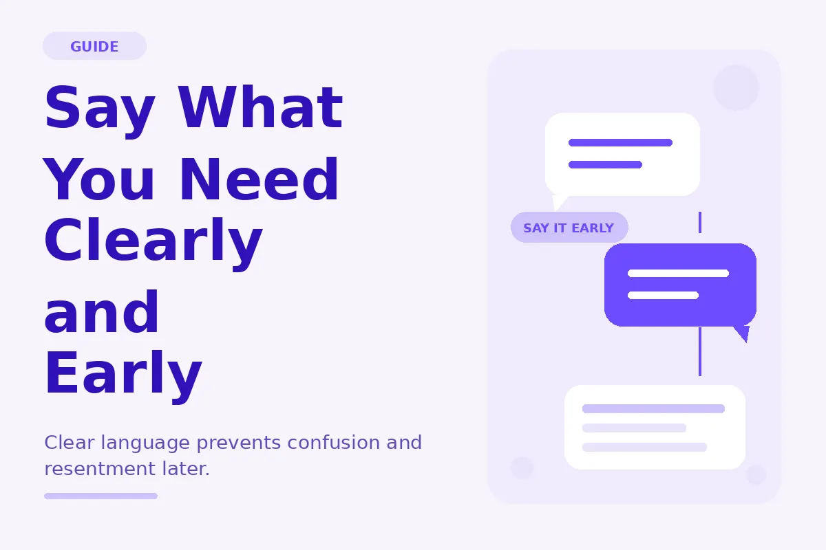 Simple purple graphic about saying what you need clearly and early.