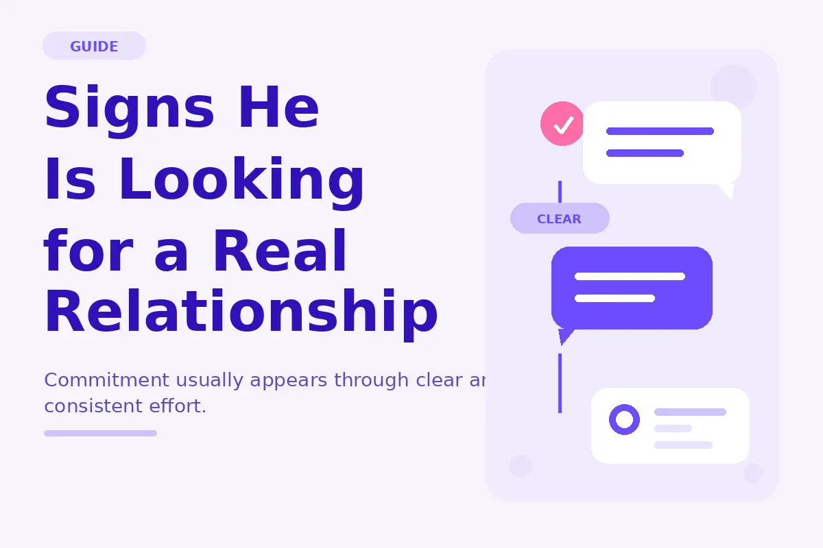 Simple purple graphic showing signs he is looking for a real relationship.
