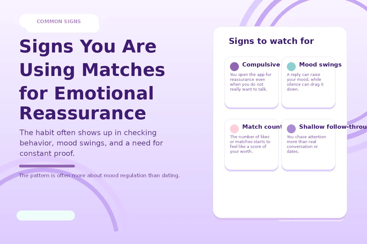 Light purple infographic showing signs of using matches for emotional reassurance.