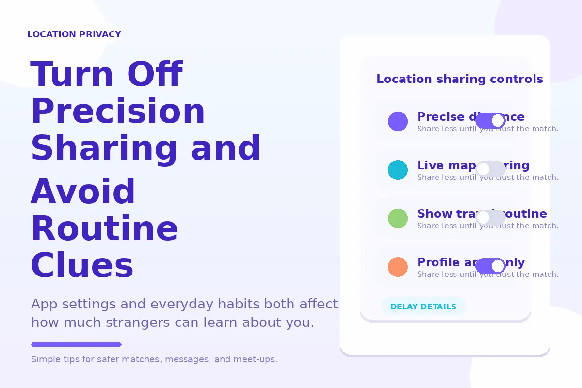 Colorful app-style graphic about turning off precision sharing and avoiding routine clues.