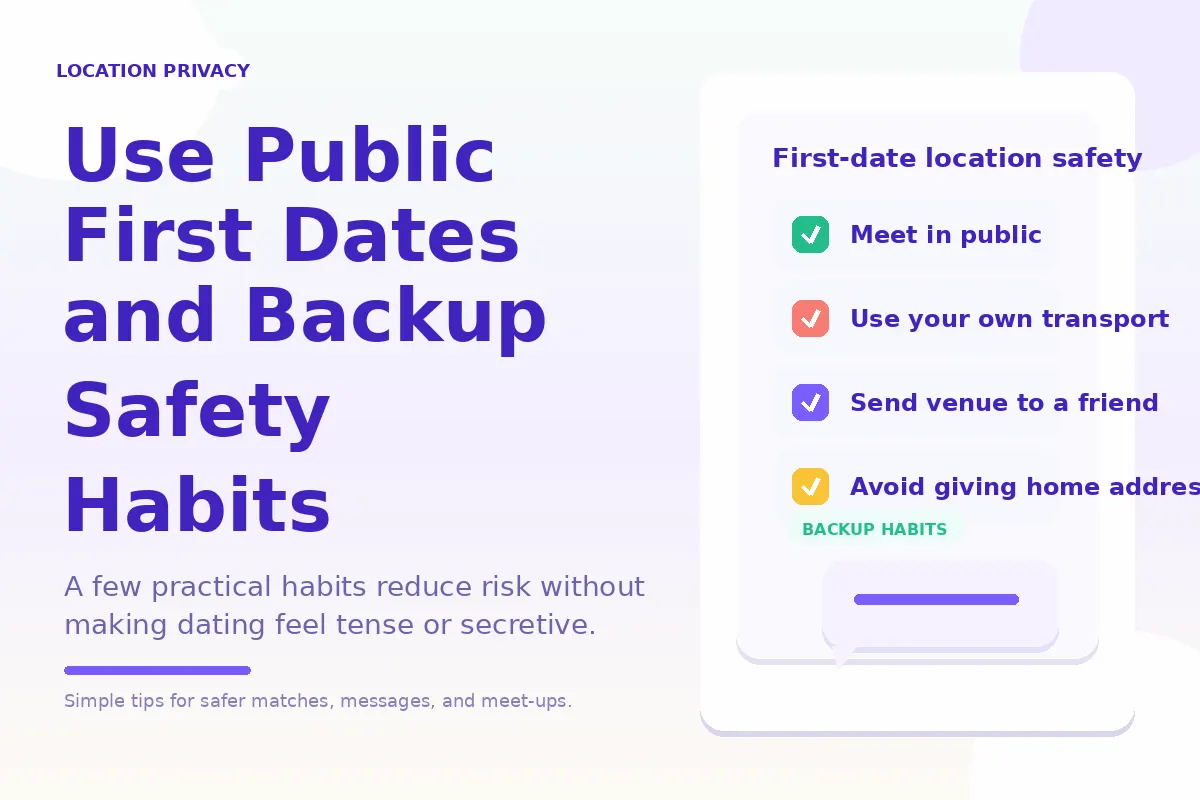 Colorful checklist-style graphic about public first dates and backup safety habits.