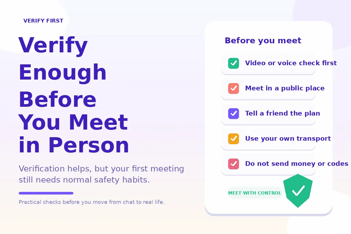 Colorful pre-date checklist for verifying a match and meeting more safely.