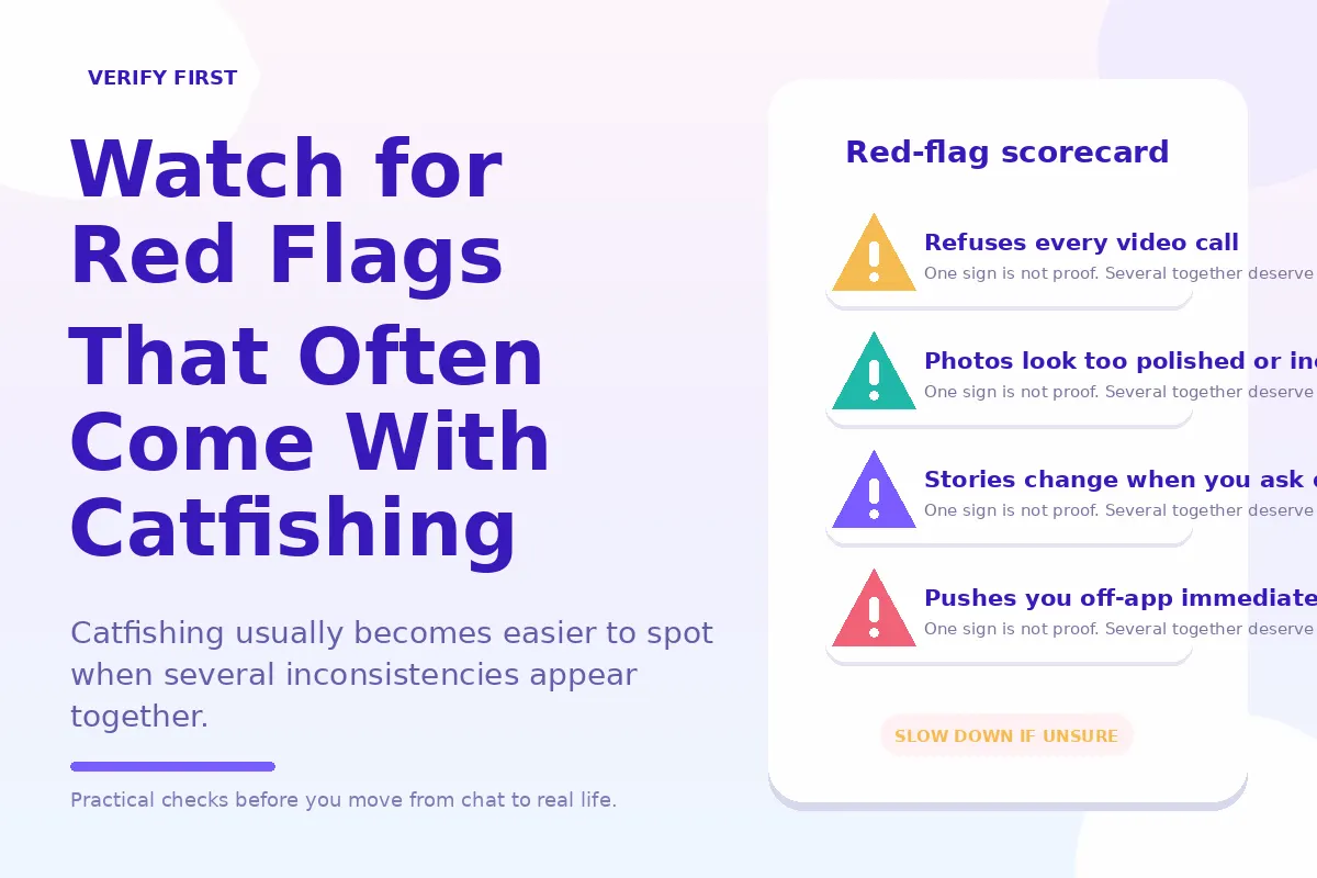 Colorful red-flag scorecard showing common catfishing warning signs.