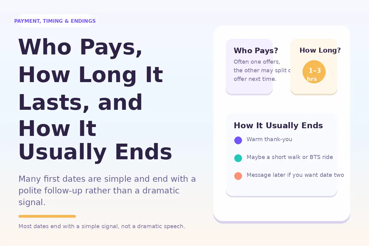 Graphic about who pays, how long a first date lasts, and how it usually ends.