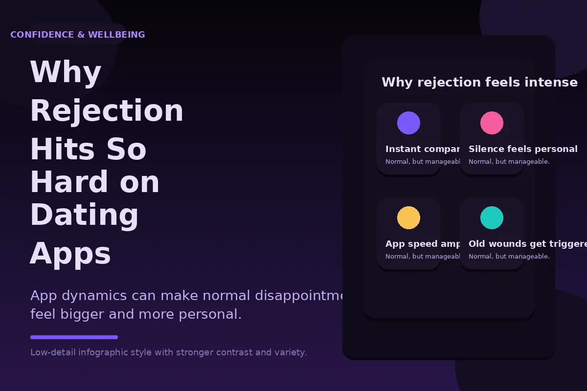 Dark purple infographic about why rejection hits so hard on dating apps.
