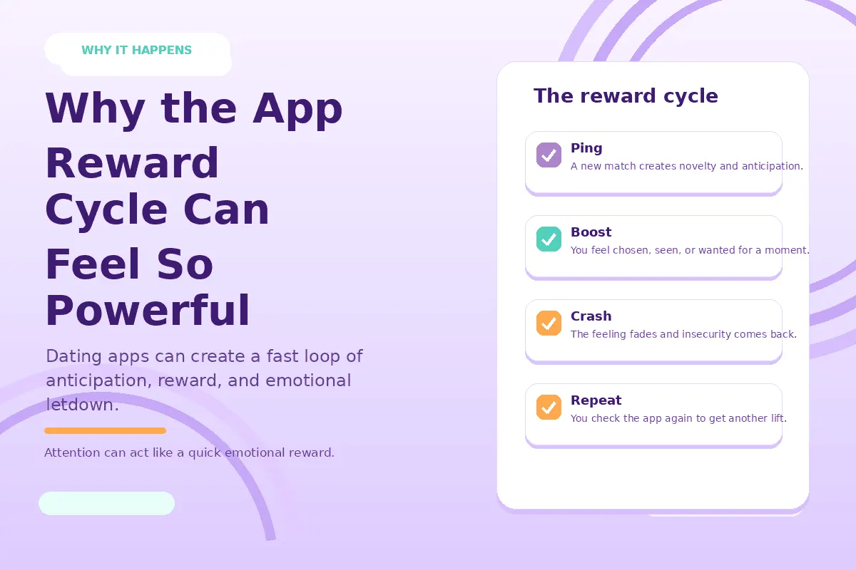 Light purple infographic about the reward cycle behind dating app validation habits.