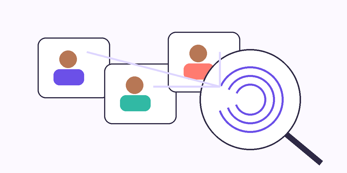 Abstract vector illustration of duplicate photo tiles and a fingerprint search representing photo reuse and reverse-image discovery.