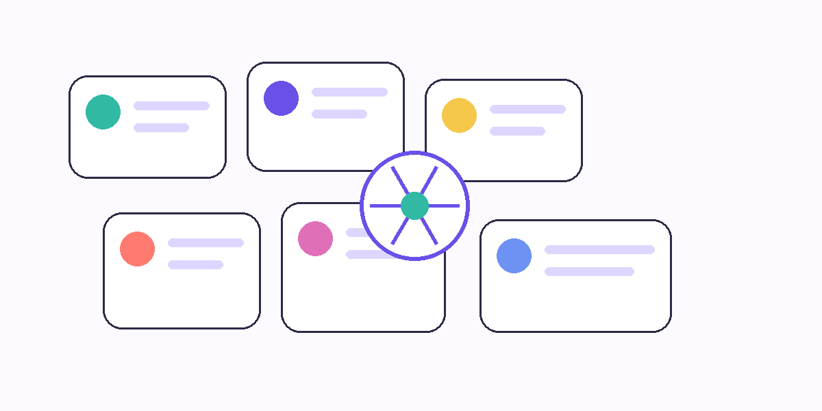 Abstract vector illustration of a full adult life as connected modules around a flexible relationship space.